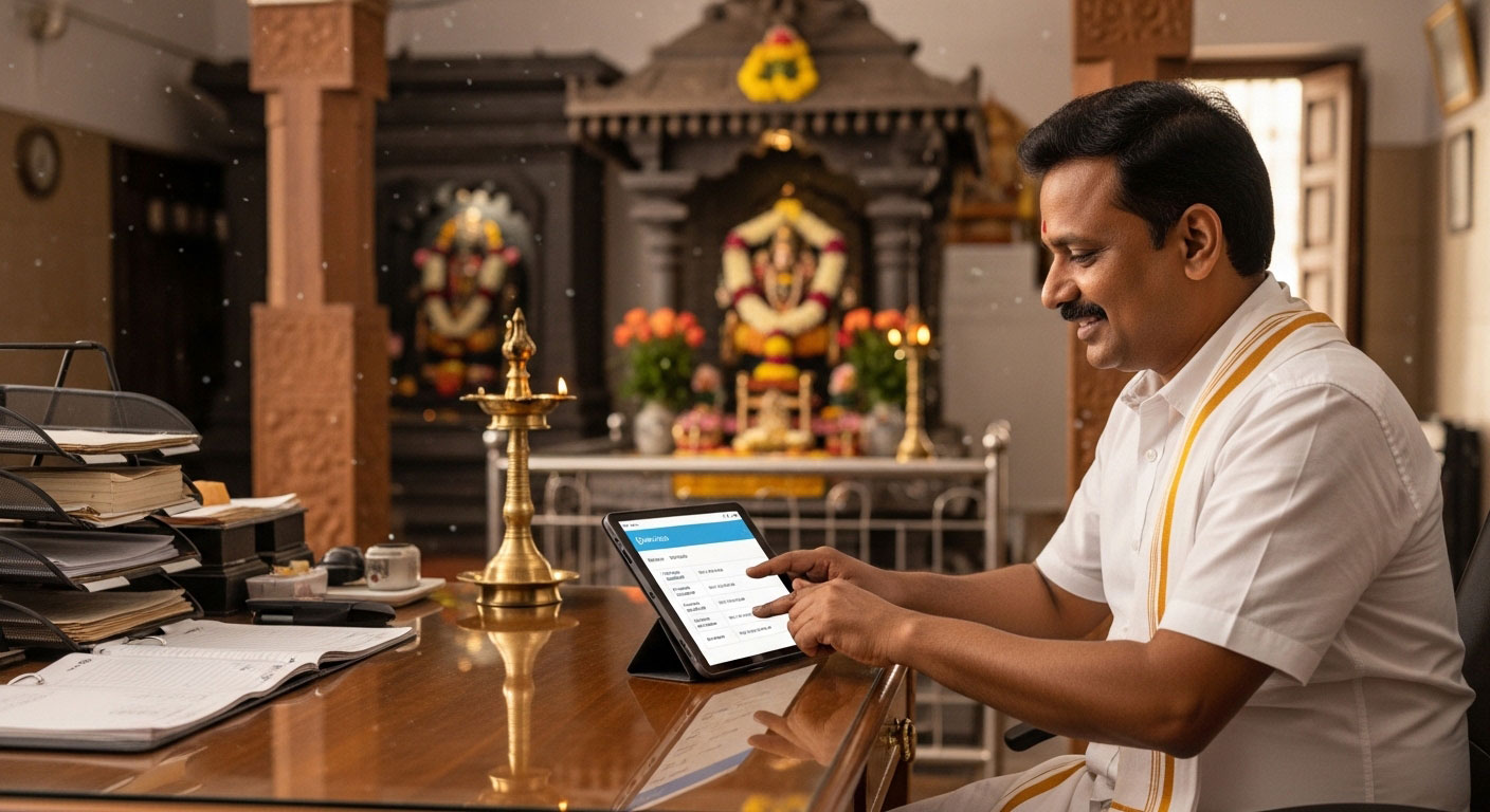 temple priest using tablet
